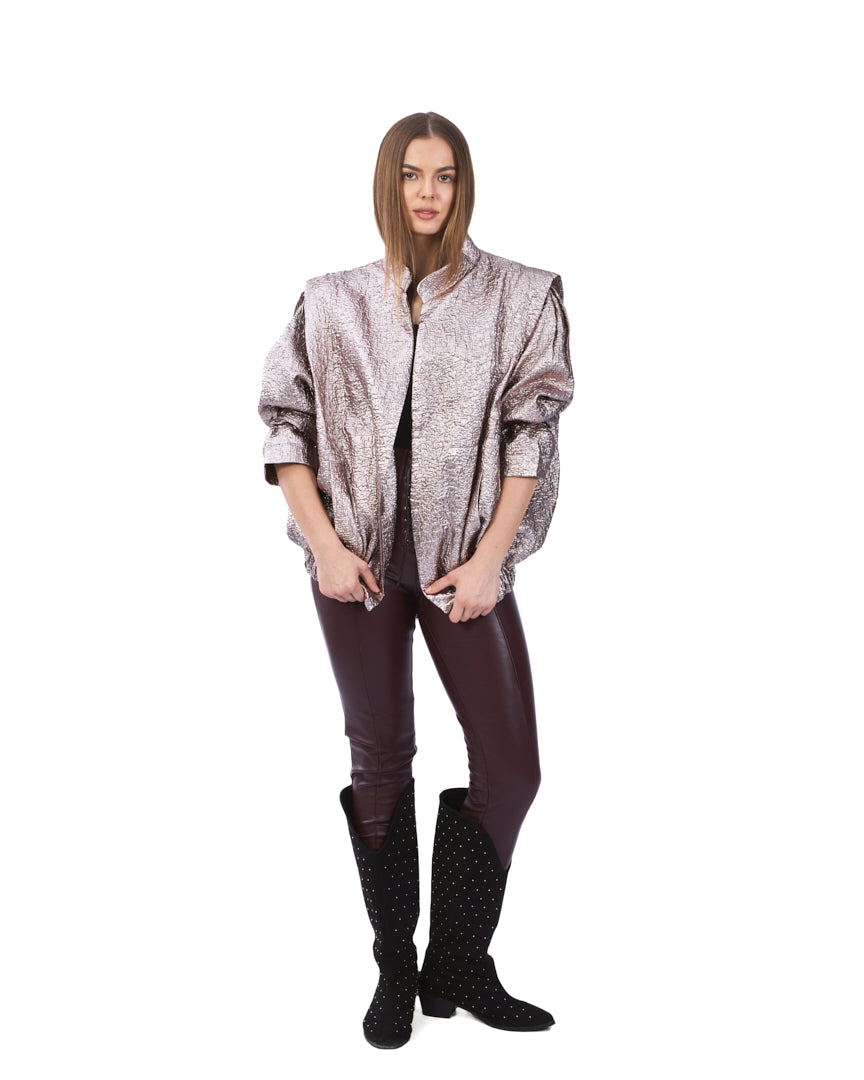A metallic rose-gold jacket