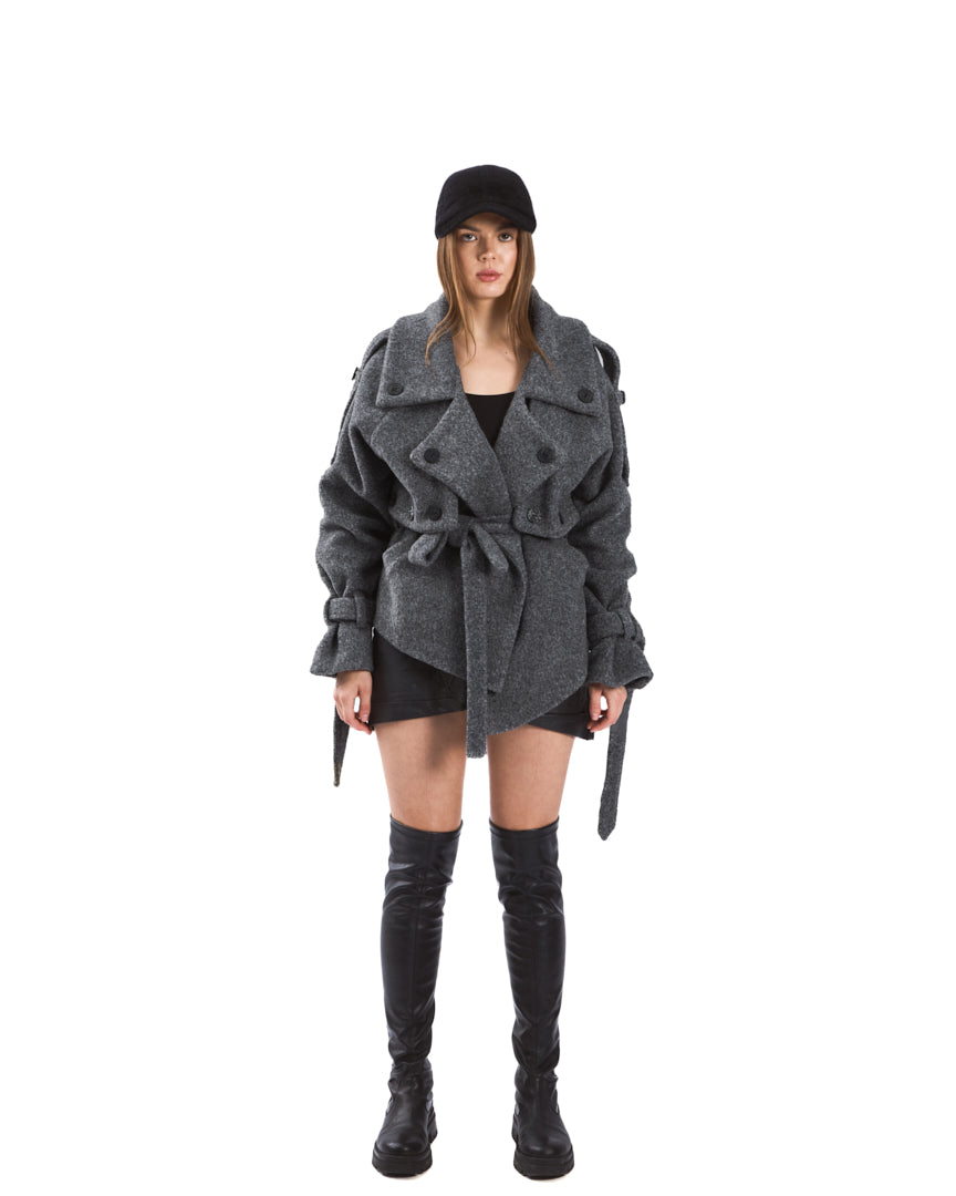 A soft grey wool-blend coat with a double-breasted design