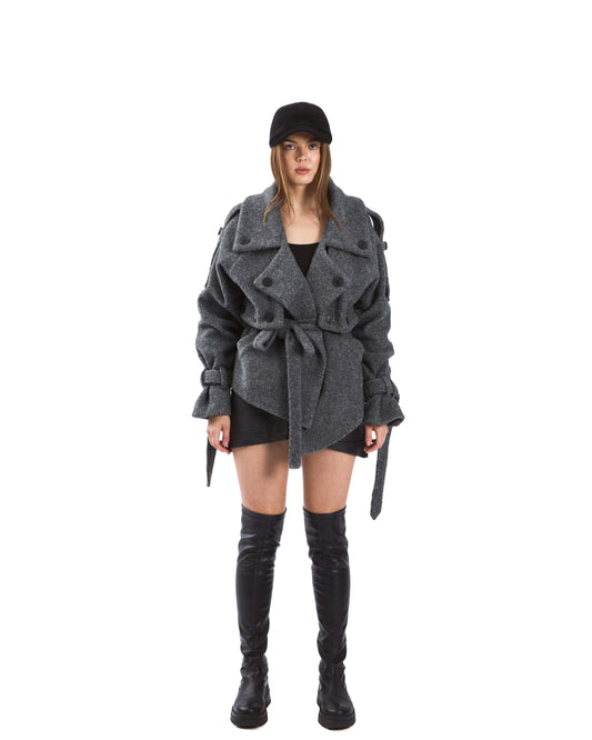 A soft grey wool-blend coat with a double-breasted design