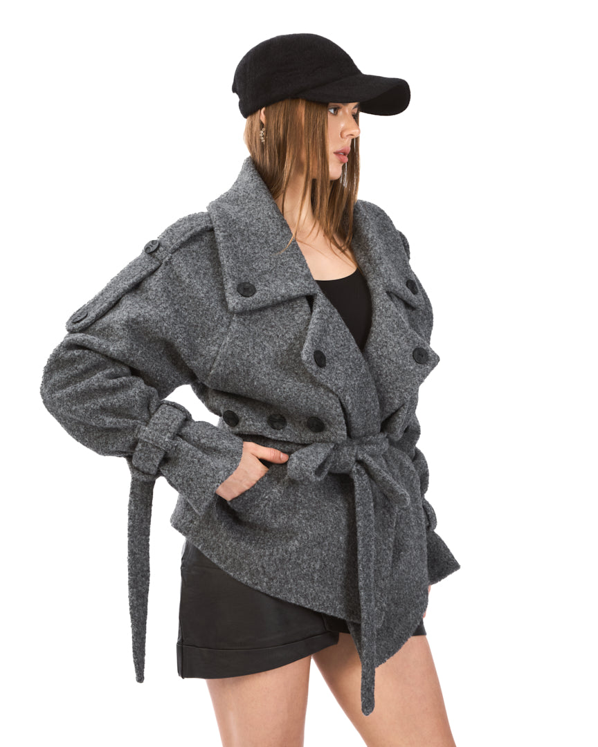 A soft grey wool-blend coat with a double-breasted design