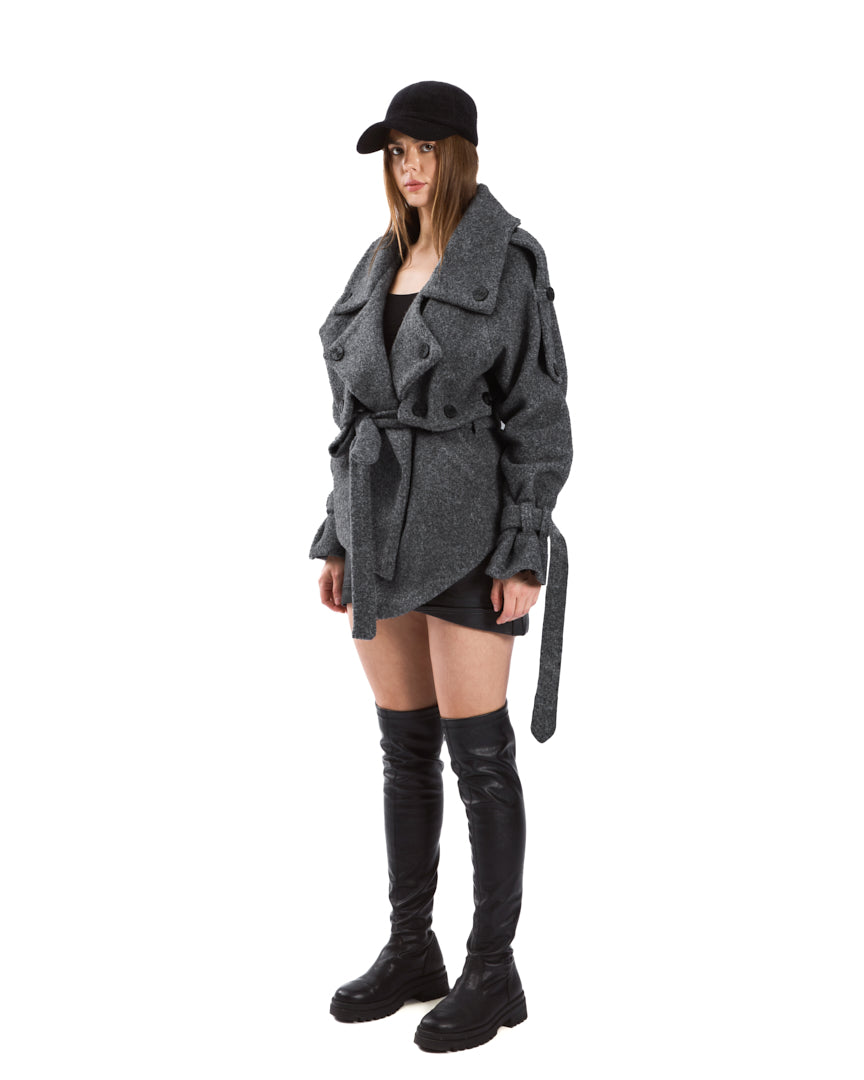 A soft grey wool-blend coat with a double-breasted design