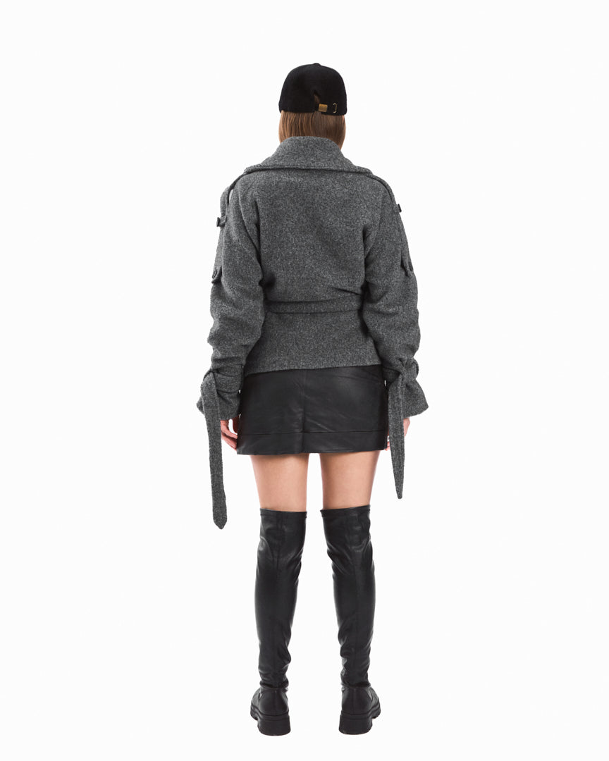 A soft grey wool-blend coat with a double-breasted design