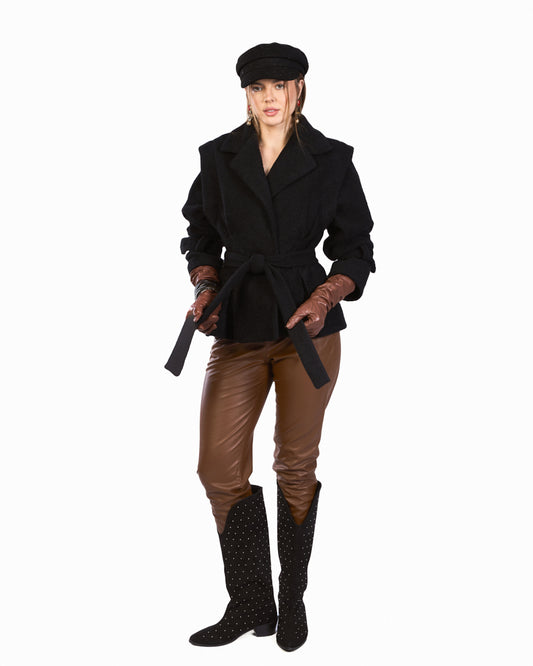 A soft black wrap jacket with a structured collar