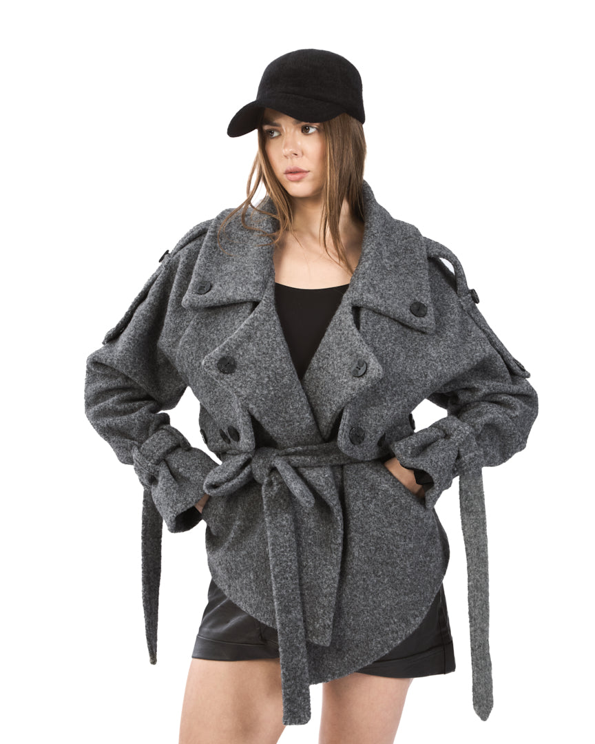 A soft grey wool-blend coat with a double-breasted design